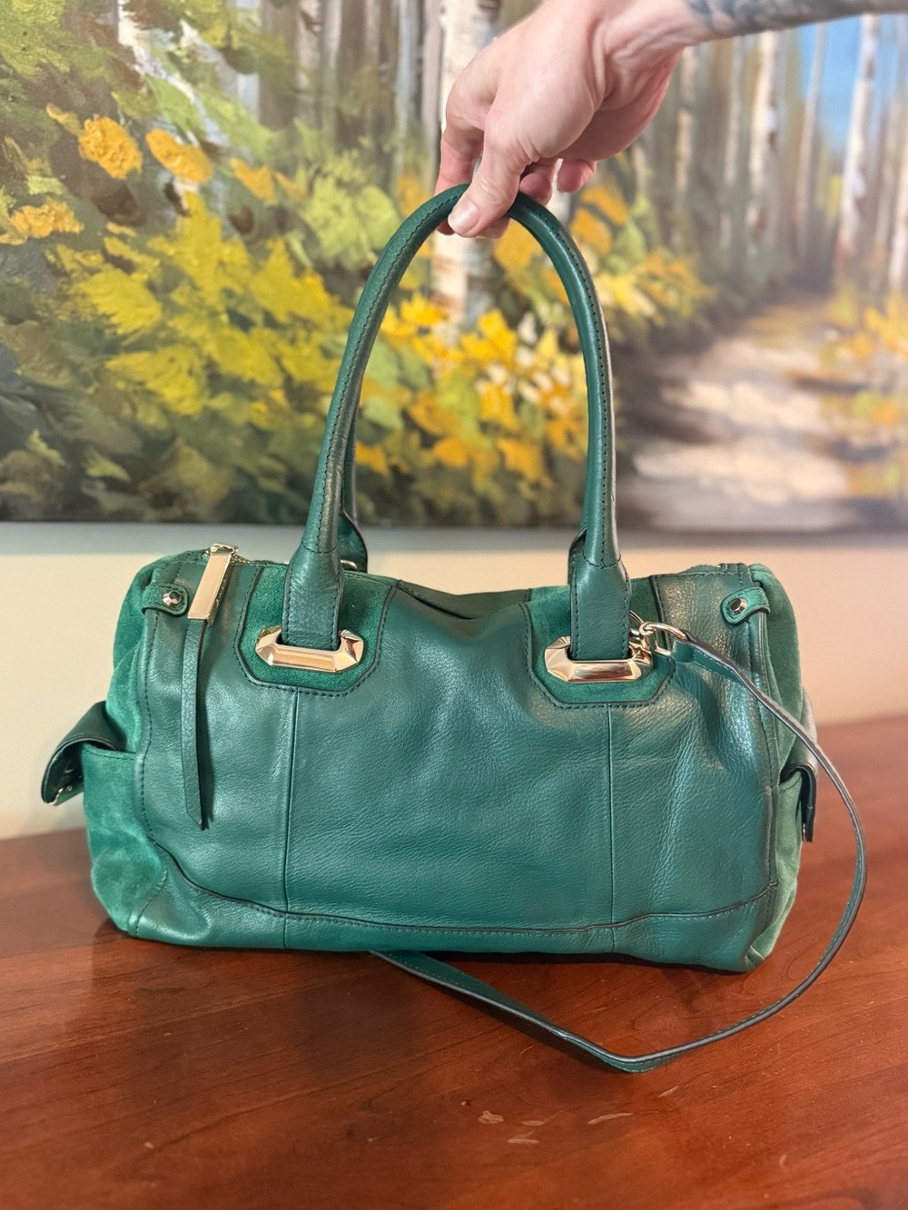 B. Makowsky Green Genuine Leather & Suede Bag | Boston Bag/Satchel | Butter Soft